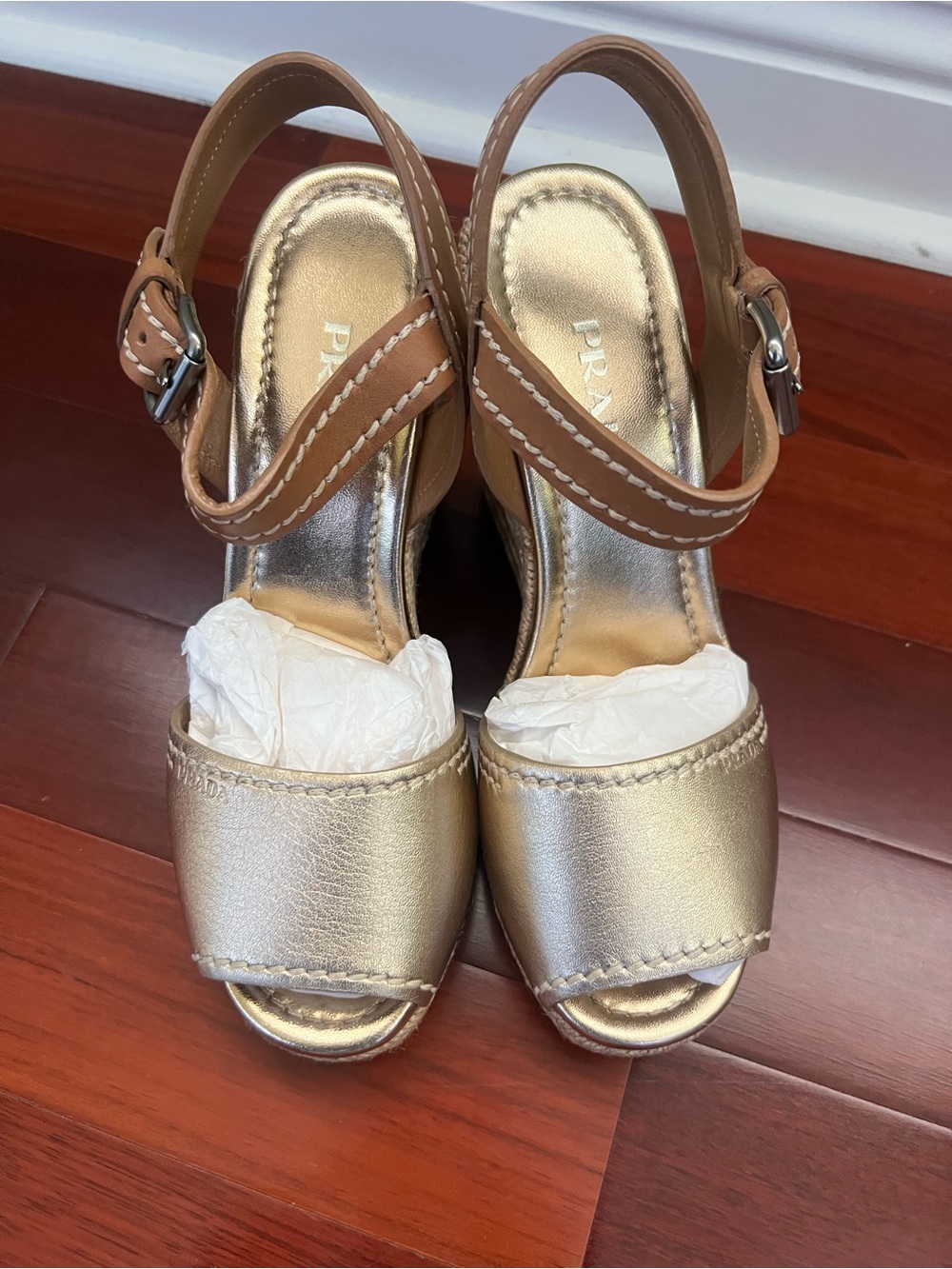 Prada Metallic Gold and Tan Leather Wedge Sandals